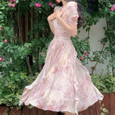 Summer French Style Women Elegent Party Midi Print Dress