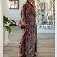 Hoobd Retro V-Neck Batwing Sleeve Long Dress Sexy Hollow Out High Waist Slit Boho Dress Women Elegant Floral Print Pleated Beach Dress
