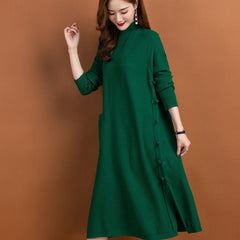 Autumn and Winter New Wool Knitted Long Sleeve Solid Versatile Half High Collar Knee Length Dress Loose Bottom Wool Dress
