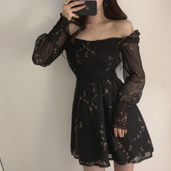 Korean Vintage Flower Black Dress Women Long Puff Sleeve Chiffon Spring Dresses Casual Mini Dress Vestidos Mujer Clothes
