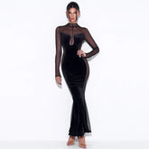 Elegant See Through Patchwork Maxi Dress for Women Gown Full Sleeve Fashion Zipper Velvet Bodycon Long Dresses Vestido