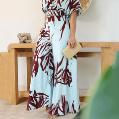 Women Two Piece Set Summer Fashion Print Short Sleeve V Neck Top Wide Legs Loose With Pockets Pantes Sets Streetwear