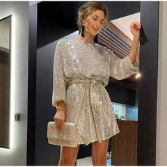 Hoobd Women Solid Sexy Sequins Mini Dress Female Fashion Long Sleeve Clothes Lady Elegant Evening Party Club Festival Dress