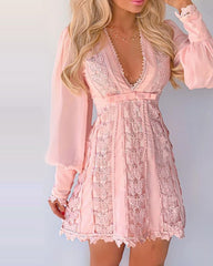 2023 New Women Autumn Boho Fashion Elegant Dresses Sexy V Neck Solid Sheer Mesh Long Puff Sleeve Butterfly White Lace Mini Dress