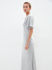 Women Vintage Sliver Ruffled Sleeve Slim Satin Dress Short Sleeve Sexy V neck Solid High Street Elegant Casual Dress Summer