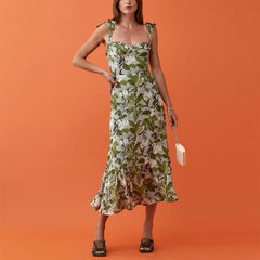 Dresses For Women 2023 Elegant Vintage Floral Dress Frill Sweetheart Neck Sleeveless Strap Tie Ruffle Hem Summer Beach Dress