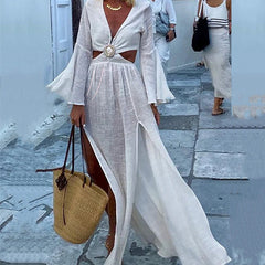 Hoobd Sexy Deep V Neck Draped Satin Party Dress Women Spring Solid Hem Pleated Long Dress Autumn Long Sleeve Maxi Beach Dress Vestidos