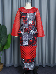 Women Printed Long Party Dress Mesh Hollow Out Patchwork O Neck Ruffle See Through Vintage Classy Celebrate Occasion Gown Retro
