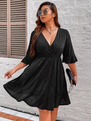 Plus Size 4XL Glitter Midi Dress for Chubby Women Autumn Half Sleeve V Neck Red Clothing Elegant Large Evening Party Dresses