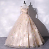 Hoobd Fashion Spaghetti Strap Quinceanera Dresses New Champagne Colorful Floral Tulle Ball Gown Simple Sweet Fairy Vestido De Baile