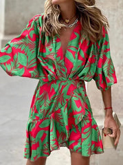 autumn Irregular Mini Dress For Women Fashion Print Casual Bohemia Style Vacation Sundress Women's Bat Sleeve Ruffles Dresses