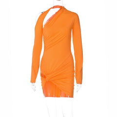 2023 Solid Sexy One Shoulder Long Sleeves Hollow Out Folds Dress Summer Fashion Elegant Party Mini Slit Dresses for Women