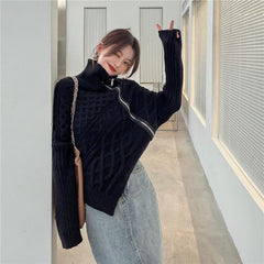 Irregular twist turtleneck pullover sweater women's winter design different loose thin versatile long -sleeved knitted jacket