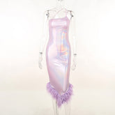 Elegant Glitter Feather Midi Dress for Women Fashion Sexy Strapless Sleeveless Backless Bodycon Long Dresses Vestido Clothes