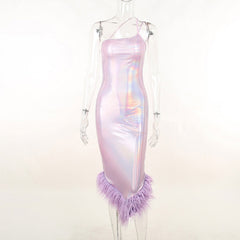Elegant Glitter Feather Midi Dress for Women Fashion Sexy Strapless Sleeveless Backless Bodycon Long Dresses Vestido Clothes