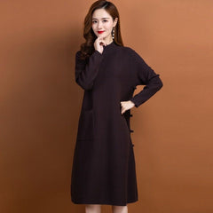Autumn and Winter New Wool Knitted Long Sleeve Solid Versatile Half High Collar Knee Length Dress Loose Bottom Wool Dress