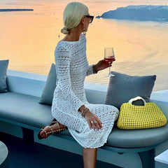 Autumn Lady Chic Crochet Knit Maxi Dress Sexy O-Neck Hollow Out Party Dress Fashion Backless Lace Up Long Sleeve Slim Dress
