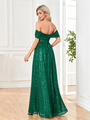 2023 Women Green Sexy Off-shoulder Sequin Dress Elegant Evening Dress Party Maxi Dress Split Ladies Trailing Dresses