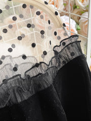 Autumn Women Black Mesh Patchwork Velvet Party Dress Elegant Stand Collar Flare Long Sleeve Ruffle Mermaid Robe Female 2023 New