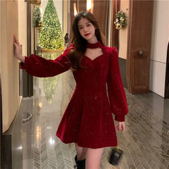 Hoobd Red Velvet Elegant Party Mini Dress Women Sequins Long Sleeve Wram Vintage Dress Ladies Casual Korean A-line Dress 2023 New Year