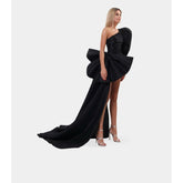 High End Black Mini Sheath Evening Dresses With Ribbon One Shoulder Puff Sleeves Sexy Short Prom Gowns Beaded Formal Dress