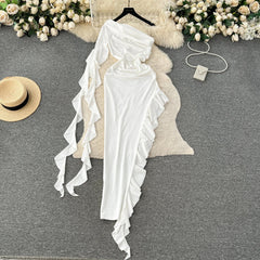Women Chic Ruffle Long Sleeve Diagonal Collar Ribbon Sexy Slim Split Dress Vintage Fashion Vestido Elegant Hip Wrap Dress