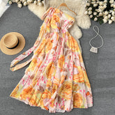 Hoobd Summer Oblique Chiffon Bohemian Maxi Dress Women's Bow Off One Shoulder Floral Print High Waist Holiday Beach Long Dress