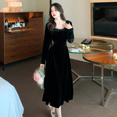 2023 New Spring and Fall Vintage Black Long Sleeve Dress Woman Elegant Fashion Velvet Midi Dress Korean Style Even Party Dresses
