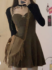 Hoobd2 Piece Dress Set Woman Casual Long Sleeve Crop Tops + Pure Color Strap Mini Dress Elegant Korea Fashion Suit Female Autumn