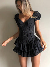 V Neck Ruffles Puff Sleeve Black Hollow Out Vintage Corset Pleated Dress
