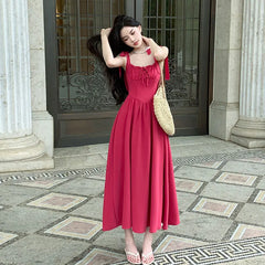 French Vintage A-line Midi Dress for Women 2024 Sleeveless High Waisted Square Collar Flounce Sweet Fairy Dresses Summer