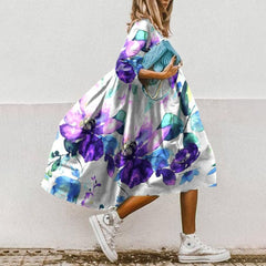 Women Floral Print Sundress Summer Elegant Loose O Neck Half Sleeve Long Dresses Female Beach Party Dress Vestidos Casual Robe