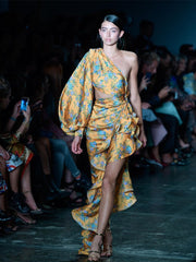 Hoobd Sexy Slanted Shoulder Floral Irregular Ruffle Dress Summer One Shoulder Cut Out Ruffle Long Dress Women Party Club Evening Dress