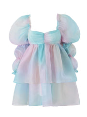 2023 Women Gradient Rainbow Print Organza Dress Vintage Puff Sleeve Sexy Backless Ladies Party Mini Robe Fairy Cake Dress