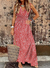 Hoobd2023 Casual Spring Summer Women Dress Floral Print V-Neck TANK Sleeveless Elastic Waist A-LINE Ankle-Length Beach Style Dress