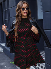Print Women Dress Temperament Commuter One-step Skirt Red Polka Dot Dark Pattern Waist Puff Sleeve Dress 2023 Summer New