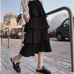 2023 New Spring Summer Women High Waist Slim Long Skirt Korean Sweet Solid Color Multi-layer Pleated Hem Cake Skirt 7 Colors