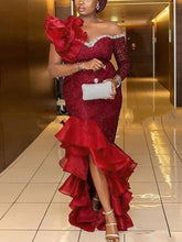 Women Formal Party Dresses Off Shoulder One Sleeve Tiered Ruffle Slit Long Burgundy Lace Dress Elegant 2022 Prom Evening Gown