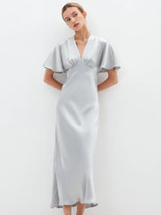 Women Vintage Sliver Ruffled Sleeve Slim Satin Dress Short Sleeve Sexy V neck Solid High Street Elegant Casual Dress Summer