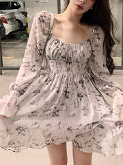 2023 Spring French Vintage Floral Mini Dress Women Causal Elegant One Piece Dress Korean Fashion Long Sleeve Evening Party Dress
