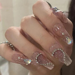 24Pcs Super Shiny False Nails 3D Drop Diamond y2k Mid-length Coffin Ballet Fake Nails Full Finished Fake Nail Patches For Girls