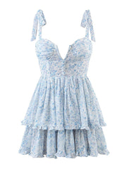 Fashion Women Spaghetti Strap Ruffle Cake Chiffon Dress Sexy Ladies Floral Print Holiday Party Mini Dress Summer Robe