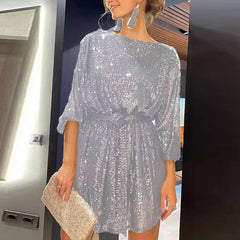 Autumn Winter Elegant Solid Sequin Party Dress Women Casual Long Sleeve A-Line Dress Lady Fashion Shiny Loose Mini Dress Vestido