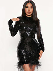 Fashion Sexy Bodycon Birthday Party Dress for Women 2023 Spring Long Sleeve Feather Sequins Short Evening Dresses Black Red