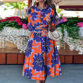 Autumn Fashion Striped Print Two Piece Sets Casual 3/4 Sleeve Women Outfits Elegant Turn-down Collar Button Blouse + Skirts