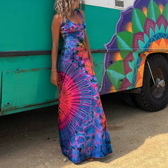 Hoobd2023 Casual Summer Women Dress DIY Wearing Tie Dyeing Printing Fashion Sleeveless Dresses Sundress Beach Style Dresses