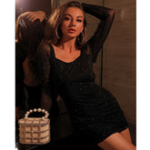 2023 Glitter Hollow Open Back Paghetti Strap Chains Cross Mini Dress Long Sleeve Sexy Black Slim Bag Hip Skirt Mini Party Dress