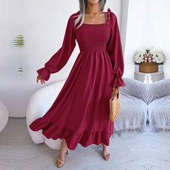 2023 New Women Spring Summer Casual Solid Color Square Neck Flare Large Swing Ruffles Long Dress For Fashion