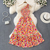 Hoobd Women Summer Bohemian Floral printed Sexy Long Print Long Dress Design Beach Holiday Elastic Waist sloping shoulders Sundress