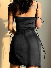 Hoobd Strappy Satin Ruched Black Dress Mini Lace Spliced Side Split Sexy Dress Female Sundress Backless Ladies Dresses